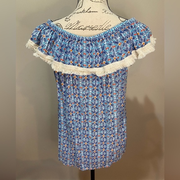 ROBERTA ROLLER RABBIT Lucia Fringe Off Shoulder Top Blue Tile Print sz S - Picture 2 of 8